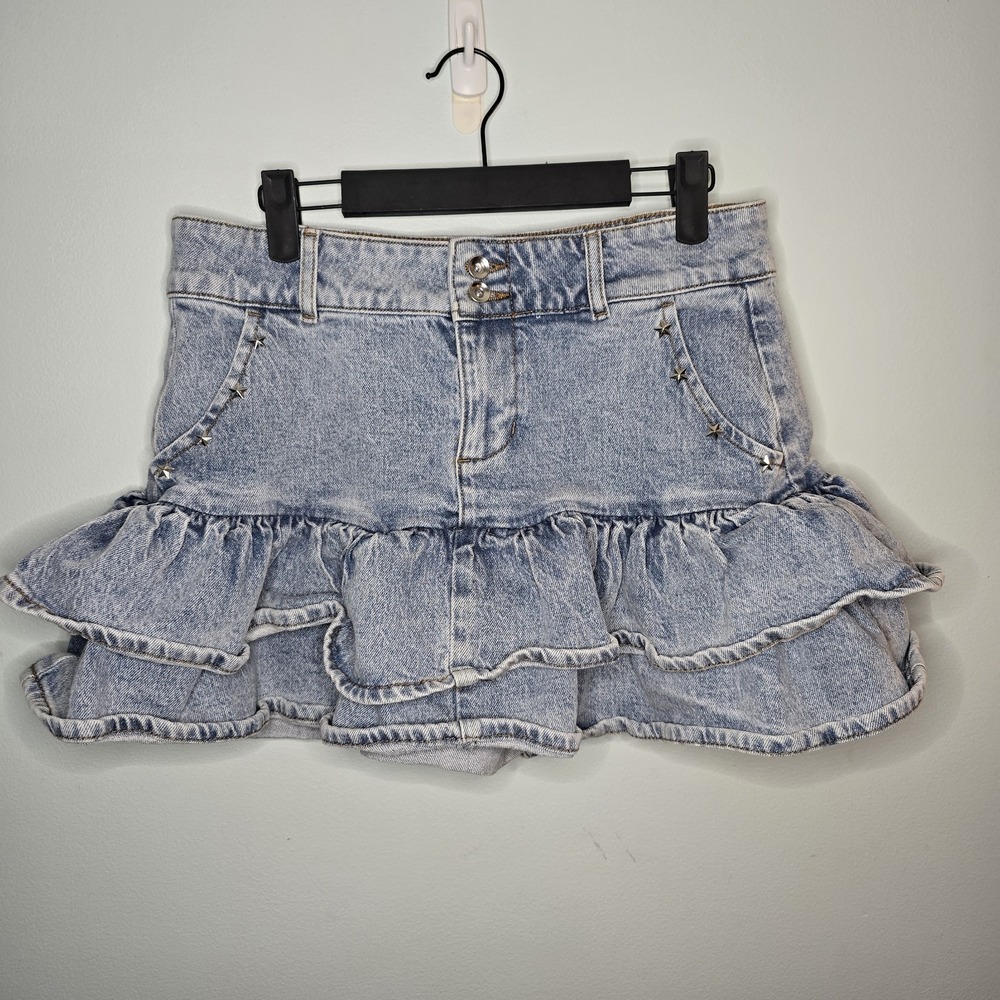 Social Collision Mini Skirt Denim Studded Stars Ruffle Pleated Womens M